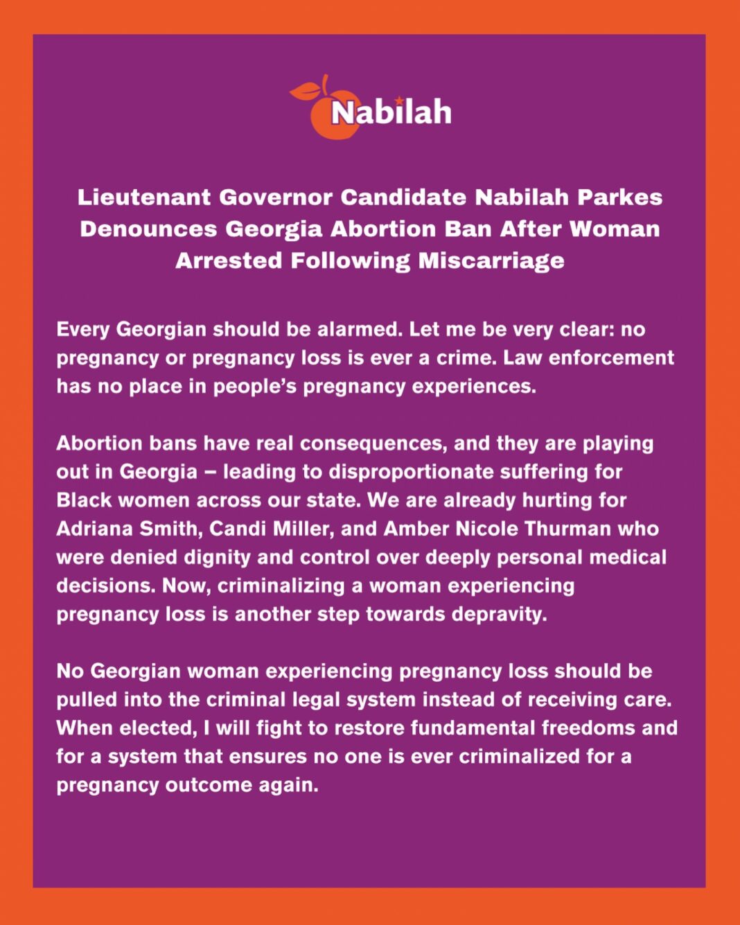 Georgia Abortion Arrest Draws Criticism from Candidate Nabilah Parkes