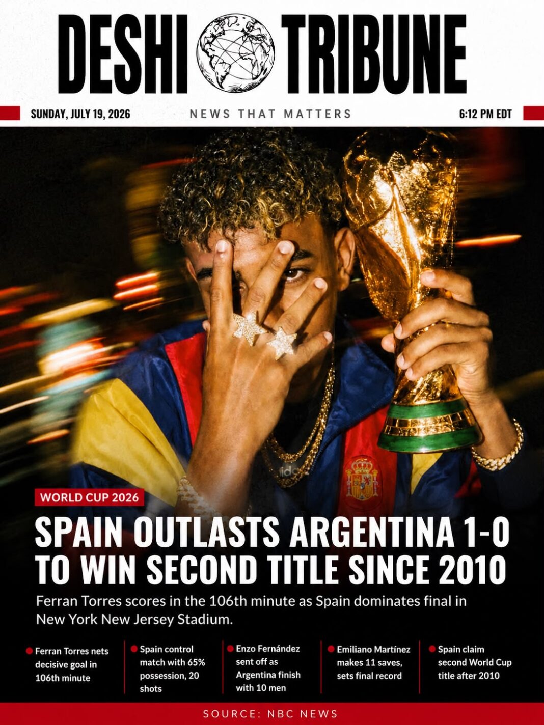 Spain Defeats Argentina 1-0 After Extra Time to Lift 2026 FIFA World Cup Trophy